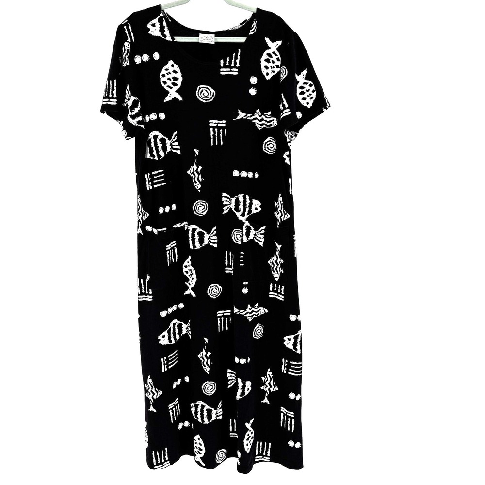 Vintage Donna USA‎ Maxi Dress Women's XL Black Abstract Artsy Fish MUMU Coastal